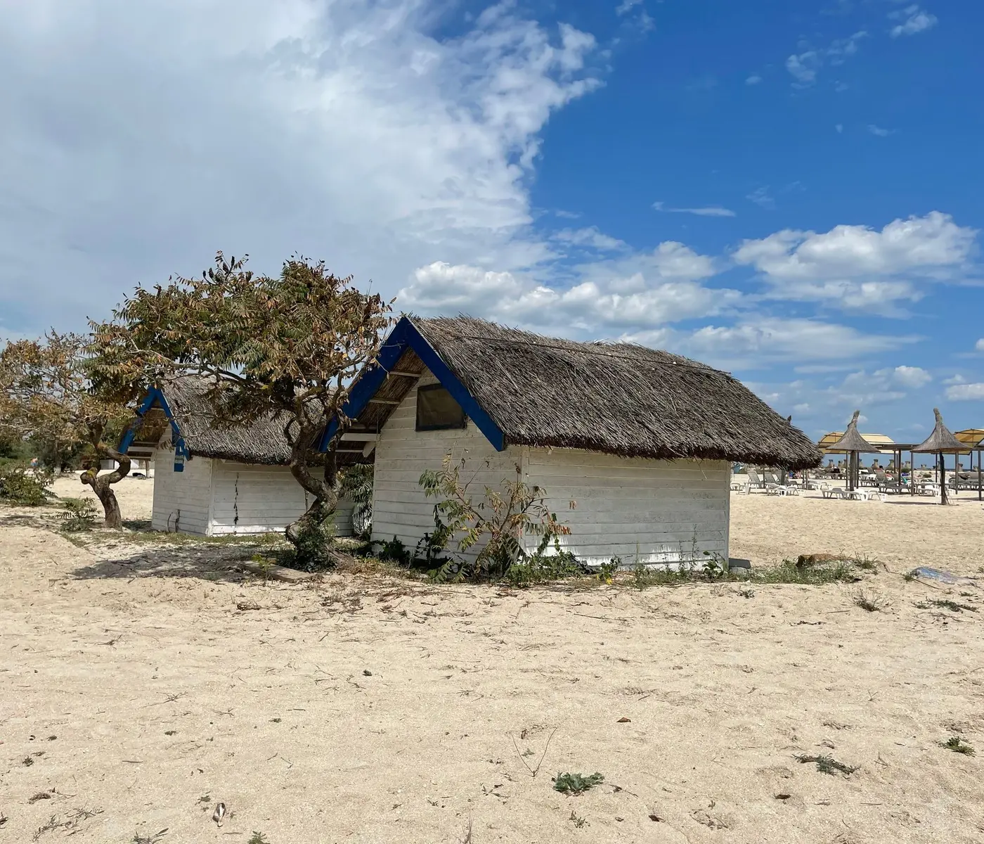 Bangalô branco com telhado de palha sobre a areia, com árvores e céu azul